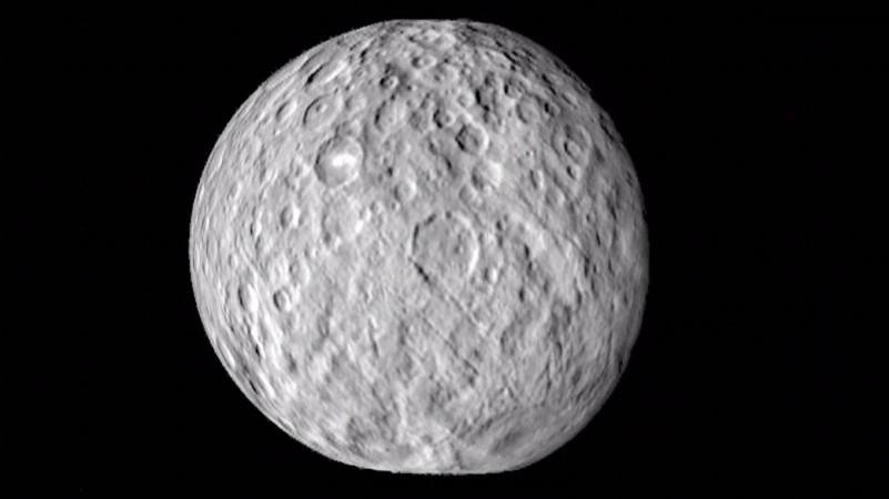 The surface of Ceres is covered with craters of many shapes and sizes. Ceres