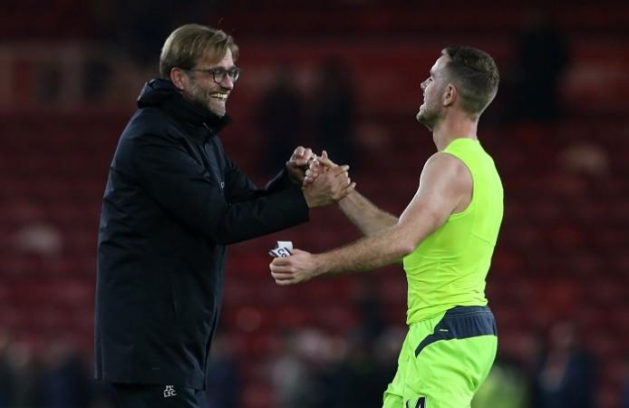 Liverpool manager Jurgen Klopp and captain Jordan Henderson celebrate their win over Middlesbrough, December 14, 2016 Jurgen Klopp Jordan Henderson Liverpool