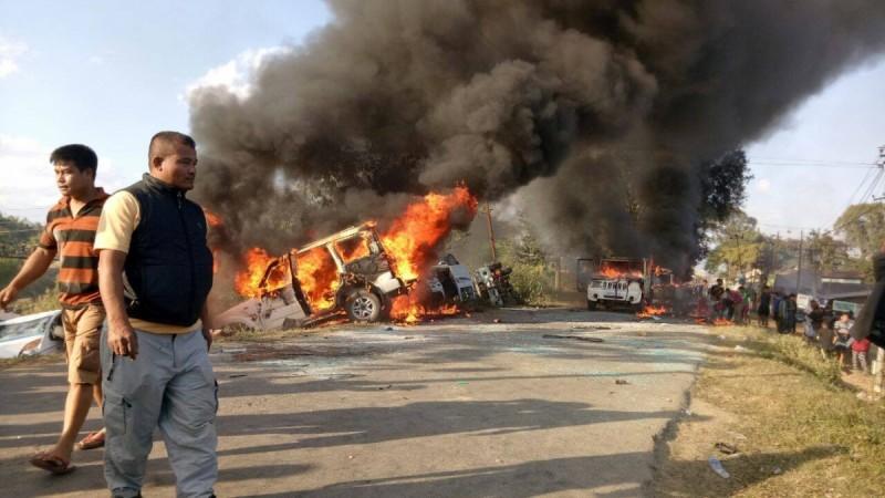 Vehicles travelling from Imphal to Ukhrul district set aflame by Meitei protesters Vehicles travelling from Imphal to Ukhrul district set aflame