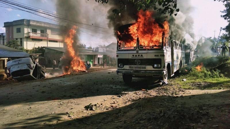 Vehicles travelling from Imphal to Ukhrul district set aflame by Meitei protesters Vehicles travelling from Imphal to Ukhrul district set aflame by Meitei protesters