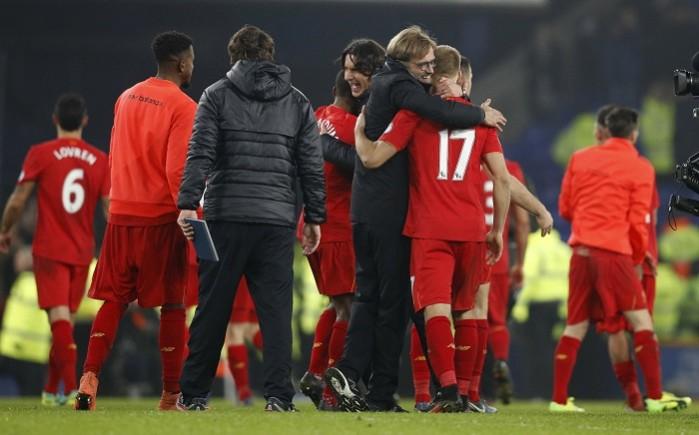 Jurgen Klopp leads the Liverpool celebrations after their dramatic win over Everton, December 19, 2016 Jurgen Klopp Liverpool