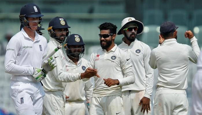 India spinner Ravindra Jadeja celebrates with his teammates after picking up the wicket of England opener Keaton Jennings, december 20, 2016 Ravindra Jadeja India Keaton Jennings England