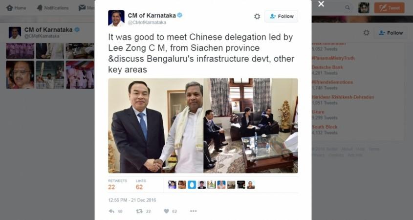in picture: A screenshot of the tweet where Siddaramaiah effectively said Siachen belongs to China. Siddaramaiah