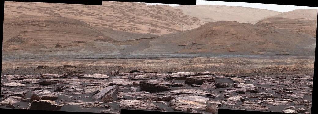 The foreground of this scene from the Mast Camera (Mastcam) on NASA's Curiosity Mars rover shows purple-hued rocks near the rover's late-2016 location on lower Mount Sharp. The scene's middle distance includes higher layers that are future destinations for the mission. NASA's Mars Curiosity, rover, nasa, mars, purple rocks,