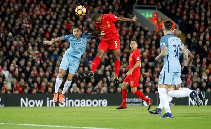 Wijnaldum scores for Liverpool. Georginio Wijnaldum, Wijnaldum' goal, header, Manchester City, Liverpool