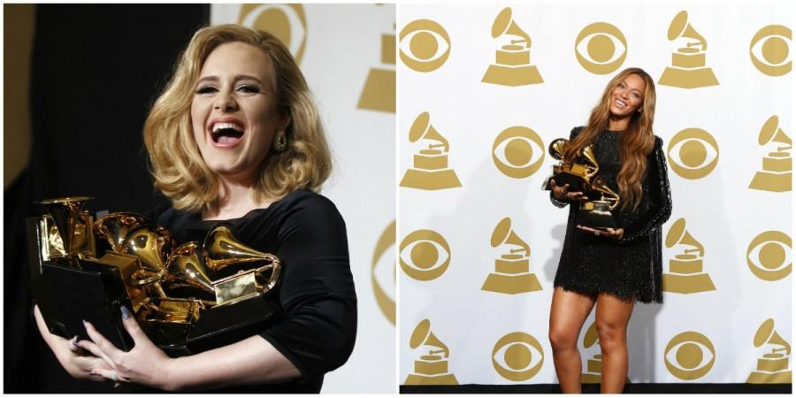 (Left) Adele (at the 54th annual Grammy Awards) and Beyonce (at the 57th annual Grammy Awards) Grammys adele and beyonce
