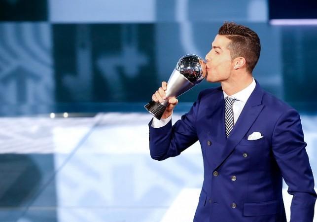 Cristiano Ronaldo, with the award, after being named The Best men's player of 2016, January 9, 2017 Cristiano Ronaldo, The Best, FIFA Award, Lionel Messi, Antoine Griezmann