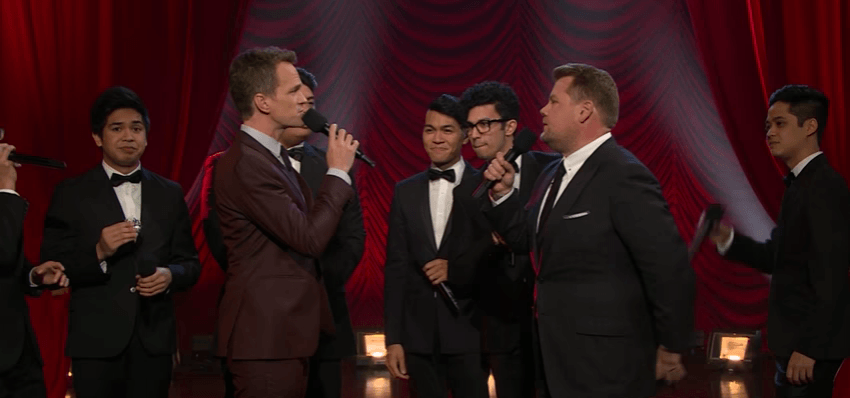 Screenshot of the Riff-Off battle between Neil Patrick Harris (L) and James Corden James corden Neil Patrick Harris