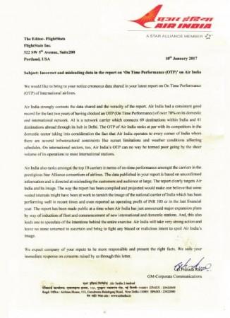 Air India letter, third worst airline