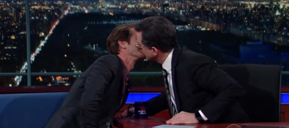 Andrew Garfield kissing 'The Late Show' host Stephen Colbert on his show Andrew Garfield