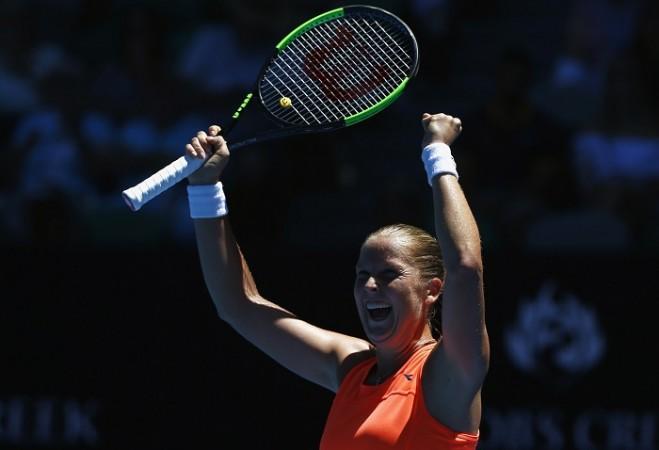 Shelby Rogers celebrates her win over Simona Halep, January 16, 2017 Shelby Rogers, Australian Open, first round, Simona Halep, scores