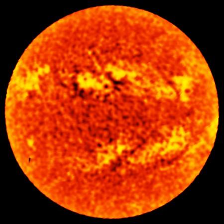 This full map of the Sun at a wavelength of 1.25 mm was taken with a single ALMA antenna using a so-called ALMA, sunspot