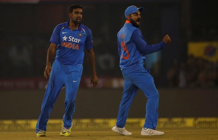 India bowler and captain R Ashwin and Virat Kohli celebrate the fall of an England wicket during the second ODI, January 19, 2017 R Ashwin, Virat Kohli, India, England, 3rd ODI