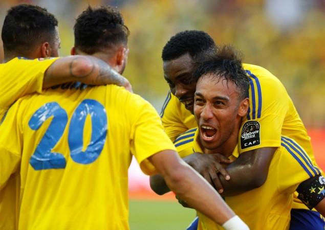 Gabon footballers celebrate. Pierre-Emerick Aubameyang Gabon football, Afcon 2017, Africa Cup of Nations, Cameroon vs Gabon