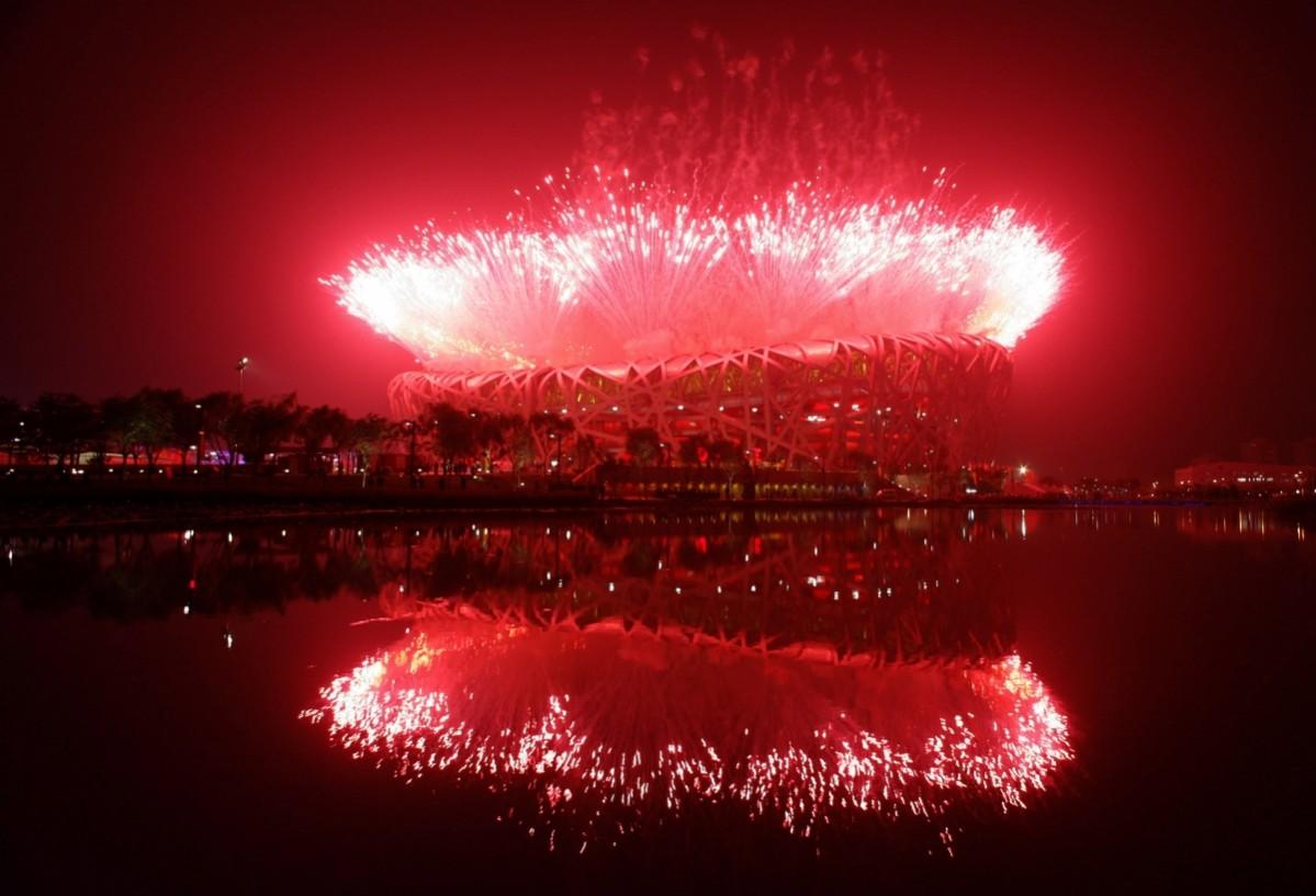 Fireworks explode over the National Stadium during the opening ceremony of the Beijing 2008 Olympic Games, August 8, 2008 Fireworks explode over the National Stadium during the opening ceremony of the Beijing 2008 Olympic Games, August 8, 2008