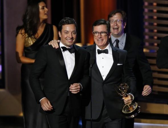Stephen Colbert and Jimmy Fallon during the 66th Primetime Emmy Awards in Los Angeles, California August 25, 2014. Stephen colbert