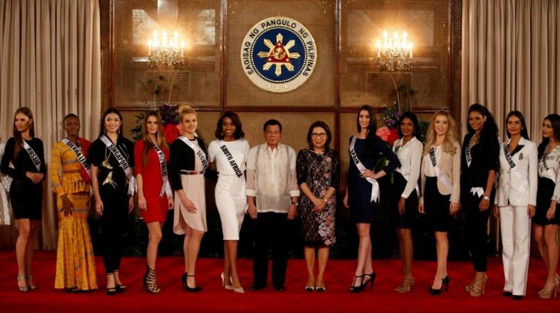 Philippine President Rodrigo Duterte and Tourism Secretary Wanda Teo (7th R) with Miss Universe contestants Miss Universe 2016