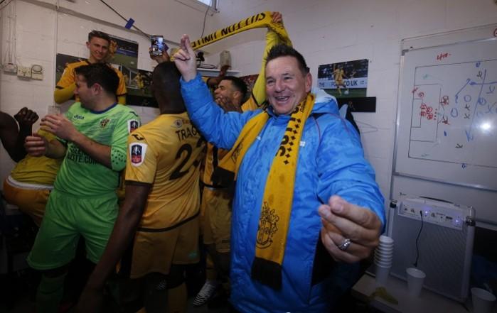 Sutton United manager Paul Doswell celebrates a win over Leeds in the FA Cup fourth round, January 29, 2017 Paul Doswell, Sutton United, Arsenal, FA Cup, fifth round