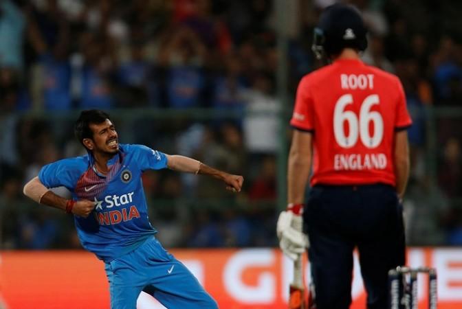 India leg-spinner Yuzvendra Chahal celebrates after trapping England batsman Joe Root in front, February 1, 2017 Yuzvendra Chahal, India, England, 3rd T20, Joe Root