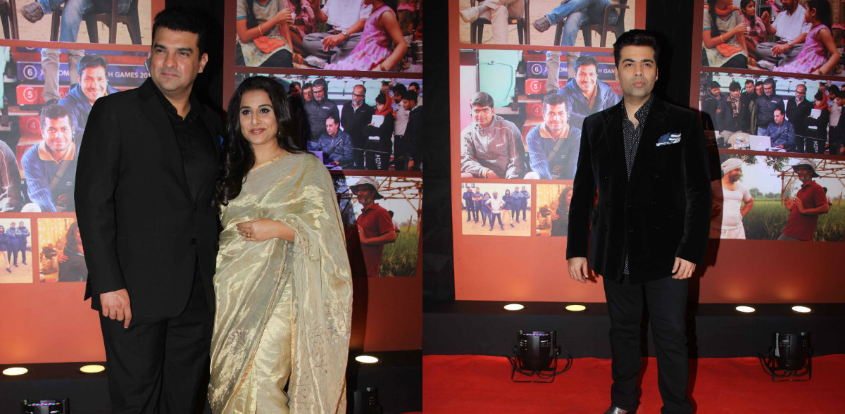 Siddharth Roy Kapur with wife Vidya Balan and filmmaker Karan Johar at Dangal success party Dangal success party