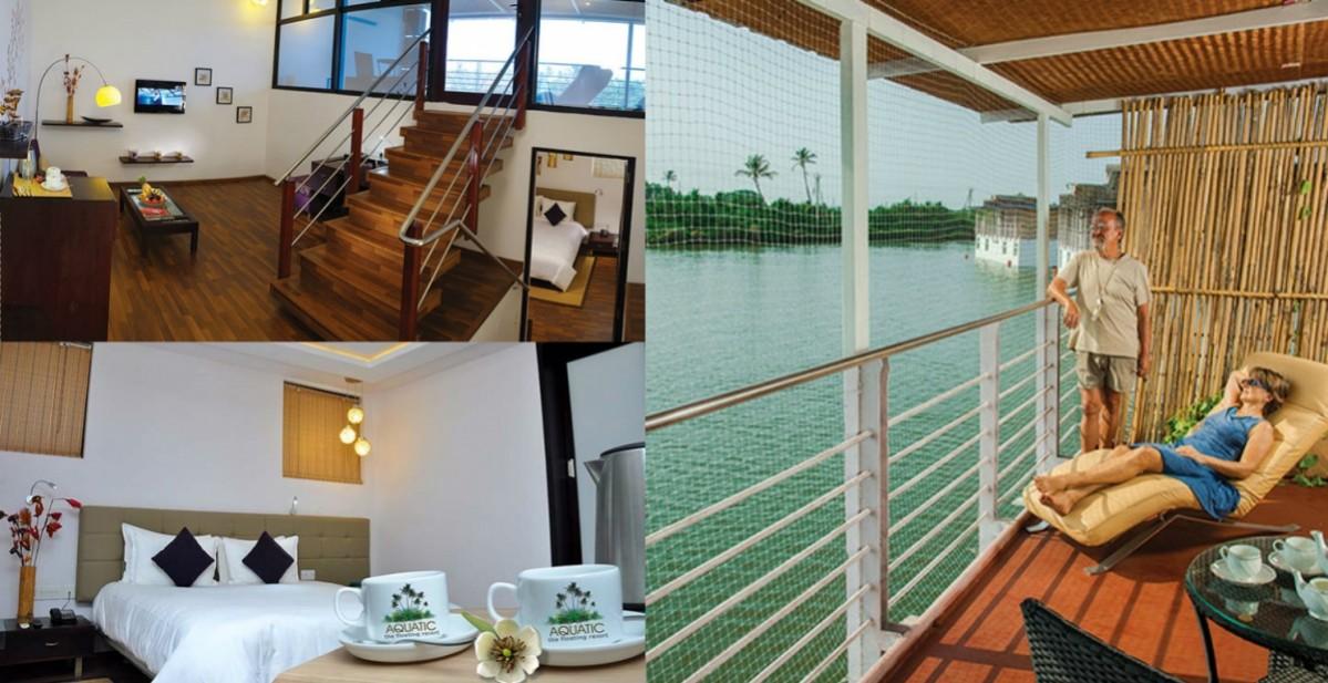 A room inside Aquatic Floating Resort. First photo: The ground floor with steps towards balcony and towards room on the underground (which is under water). Second photo: Interior of the room. Third photo: Waterfront balcony Aquatic Floating Resort