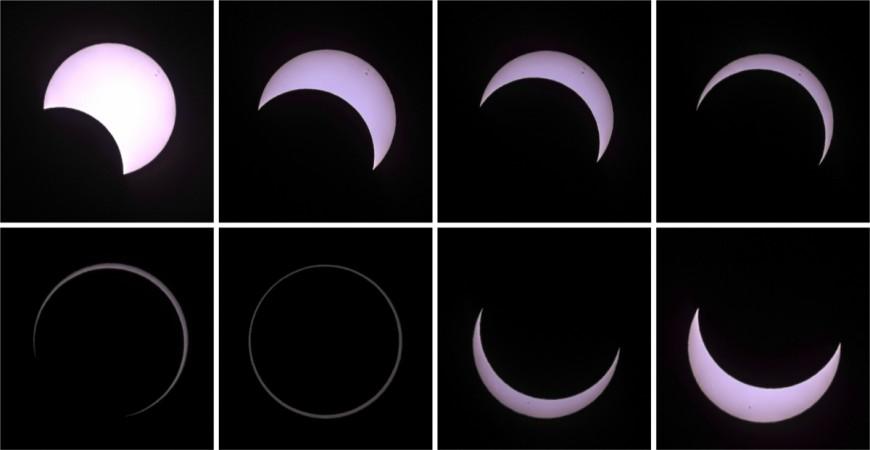 A combination of pictures shows the beginning to the end (top L to bottom R) of an annular solar eclipse seen from a beach of the French Indian Ocean island of La Reunion, September 1, 2016. Annular solar eclipse, astronomical event, space, moon,
