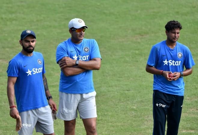 Kuldeep Yadav with Anil Kumble and Virat Kohli kuldeep Yadav, india cricket, India vs West Indies