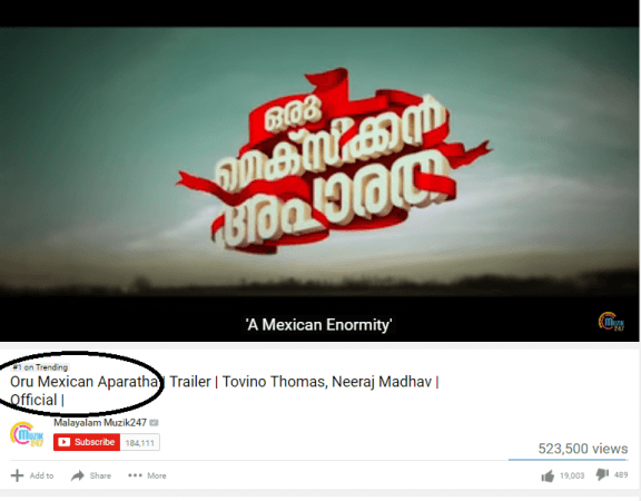 Oru Mexican Aparatha trailer trends on top one position on YouTube India. Oru Mexican Aparatha, Tovino Thomas, Neeraj Madhav, OMA trailer