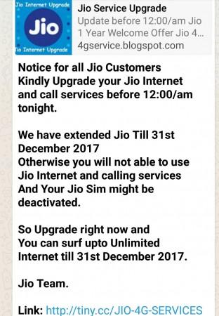 Reliance Jio hoax message that is being circulated on social media Reliance Jio hoax message