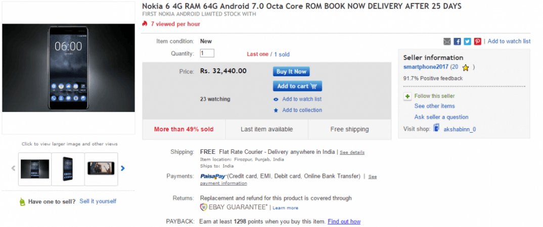 Nokia 6 on eBay India Nokia 6 on eBay India