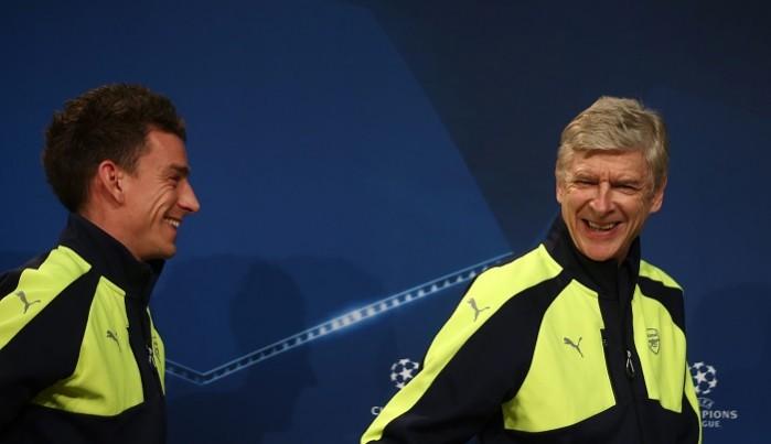 Will those smiles be intact after the Bayern Munich game? Laurent Koscielny, Arsene Wenger, Arsenal, Bayern Munich, UCL