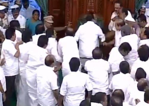 In picture: DMK MLAs manhandle Speaker P Dhanapal during the Tamil Nadu Assembly floor test on Saturday, February 18, 2017. Tamil Nadu Assembly floor test