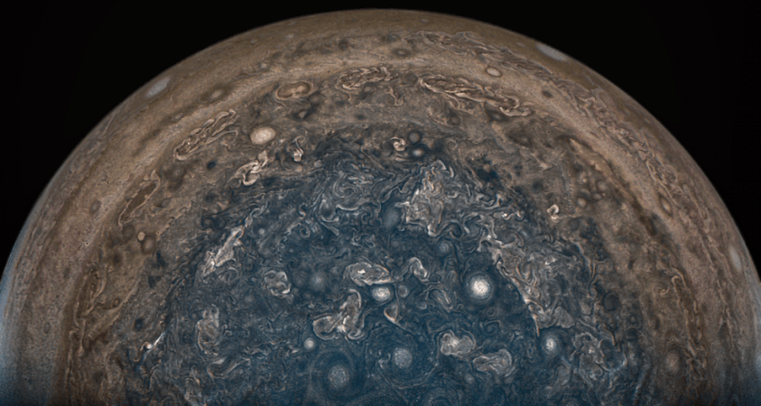 NASA's Juno spacecraft soared directly over Jupiter's south pole when JunoCam acquired this image on Feb. 2, 2017, from an altitude of about 101,000 km (62,800 miles) above the cloud tops, highlighting the bright high clouds and numerous meandering oval storms. nasa, Juno, Jupiter, space,