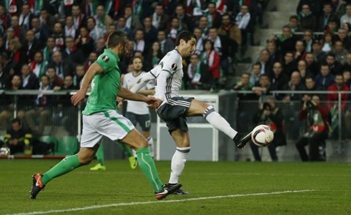 Manchester United playmaker Henrikh Mkhitaryan scores the winner in the second leg Europa League match against St-Etienne, February 22, 2017 Henrikh Mkhitaryan, Manchester United, St-Etienne, Europa League, round of 32