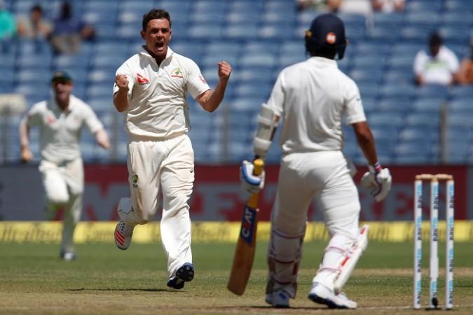 Australia spinner Steve O'Keefe is pumped up after taking the wicket of India batsman Ajinkya Rahane, February 24, 2017 Steve O'Keefe, Australia, India, Ajinkya Rahane, Day Two