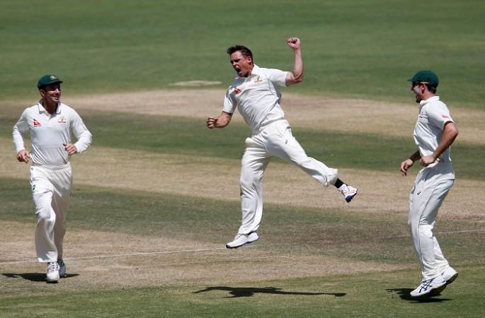 Steve O'Keefe is jumping for joy after picking up the wicket of India captain Virat Kohli, February 25, 2017 Steve O'Keefe, Australia, Shaun Marsh, Mitchell Marsh, Virat Kohli, India, 1st Test
