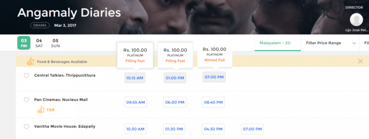 The advance booking status of Angamaly Diaries in Kochi. Angamaly Diaries, Vjay Babu, Sandra Thomas, Chemban Vinod Jose, Lijo Jose,