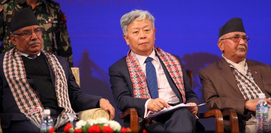 Asian Infrastructure Investment Bank President Jin Liqun(C), Nepalese Prime minister Pushpa Kamal Dahal (L) and Former Prime Minister K.P Sharma Oli attend the Nepal Investment Summit 2017 in Kathmandu, Nepal, March 2, 2017. nepal investment summit, chinese investments in nepal, indian investments in nepal, india nepal trade, india nepal relations