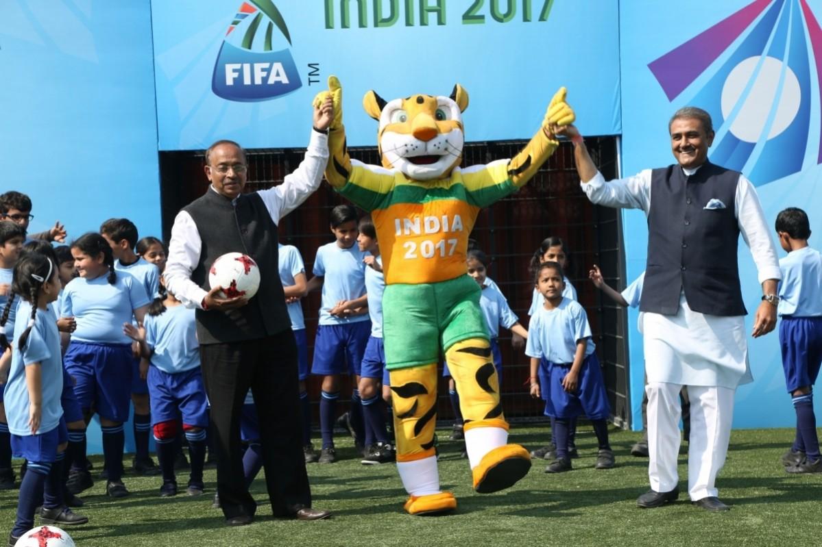 Sports Minister Vijay Goel and All India Football Federation (AIFF) president Praful Patel unveil the FIFA Under 17 Football World Cup mascot - 'Kheleo' at Jawaharlal Nehru Stadium in New Delhi on Feb 10, 2017 fifa u17 world cup, indian football
