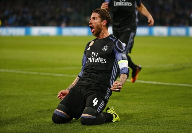 Sergio Ramos celebrates after scoring against Napoli, March 7, 2017 Sergio Ramos, Real Madrid, Napoli, Champions League, round of 16