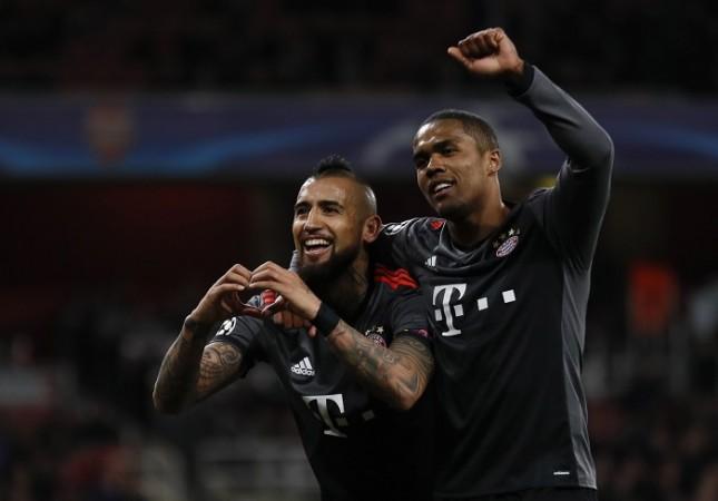 Arturo Vidal and Douglas Costa both scored for Bayern Munich against Arsenal in their last 16 second leg Champions League game, March 7, 2017 Arturo Vidal, Douglas Costa, Arsenal, Bayern Munich, Champions League