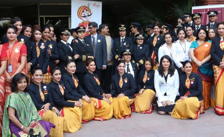Air India's all-female crew which flew from New Delhi to San Francisco on the eve of International Women's Day in New Delhi on March 7, 2017. international women's day, iwd 2017, air india all women crew, air india women's day offers, spicejet, jet airways, vistaara
