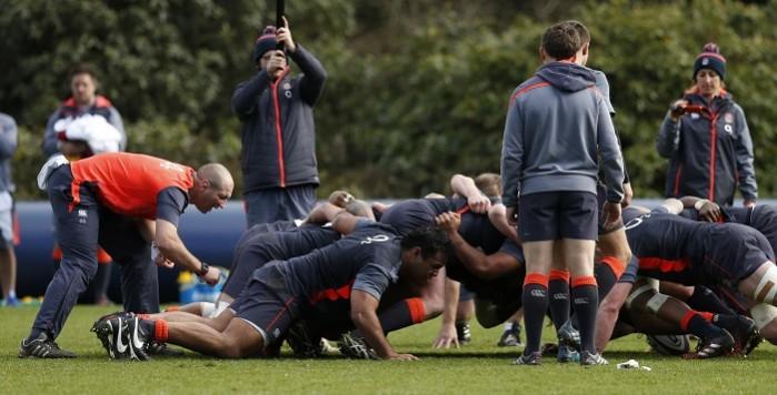 England practice the scrum during a training session England, rugby, scrum. Scotland, 2017 Six Nations