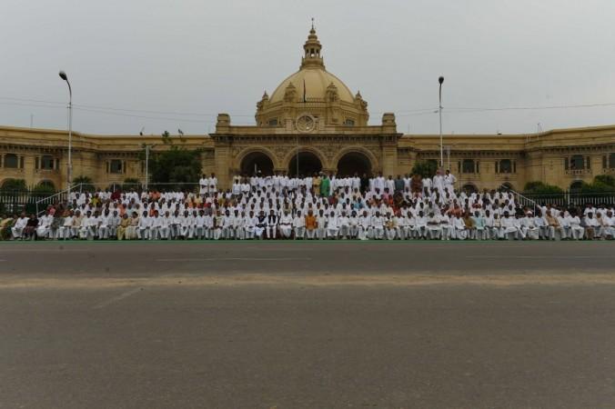 Legislators pose for a group photo infront of Uttar Pradesh Legislative Assembly in Lucknow on Aug 30, 2016. uttar pradesh assembly election results 2017, bjp wins landslide victory in up, uttar pradesh vidhan sabha, uttar pradesh assembly, lucknow, bjp lucknow, samajwadi party, uttar pradesh at a glance