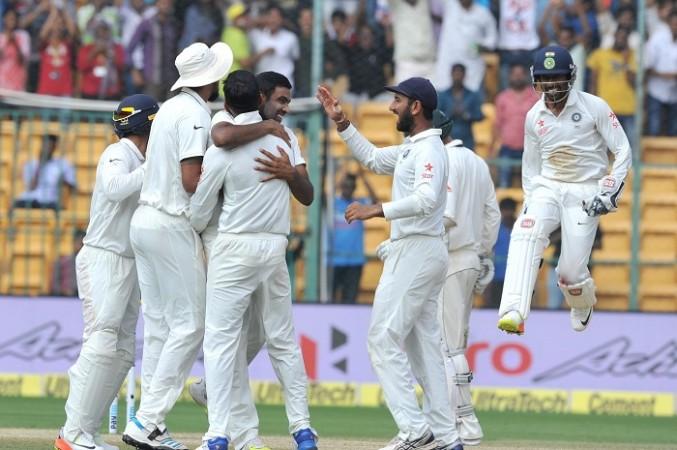 India players celebrate their win in the second Test match against Australia, March 7, 2017 India, Ashwin, Pujara, Australia, 3rd Test