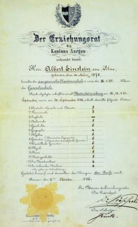 Einstein's matriculation certificate at the age of 17, showing his final grades from the Argovian cantonal school (Aargauische Kantonsschule, on a scale of 1–6, with 6 being the highest possible mark) Einstein's matriculation certificate at the age of 17, showing his final grades from the Argovian cantonal school (Aargauische Kantonsschule, on a scale of 1–6, with 6 being the highest possible mark)