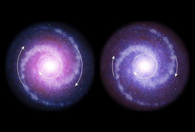 ESO's Very Large Telescope in Chile discovered that the early galaxies had lesser dark matter concentrations than the younger galaxies seen today. In this image, the galaxy shown in red (left) have slower rotating outer edges due to less dark matter composition. eso, dark mater, universe, galaxy, space,
