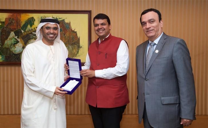 Dubai Chamber Chairman H.E. Majid Saif Al Ghurair (extreme left) meets Maharashtra CM Devendra Fadnavis in Mumbai on Thursday. UAE Ambassador to India Dr. Ahmed Al Banna (extreme right) is also seen. Dubai Chamber Chairman Majid Saif Al Ghurair, Maharashtra CM Devendra Fadnavis, Dubai Chamber of Commerce and Industry