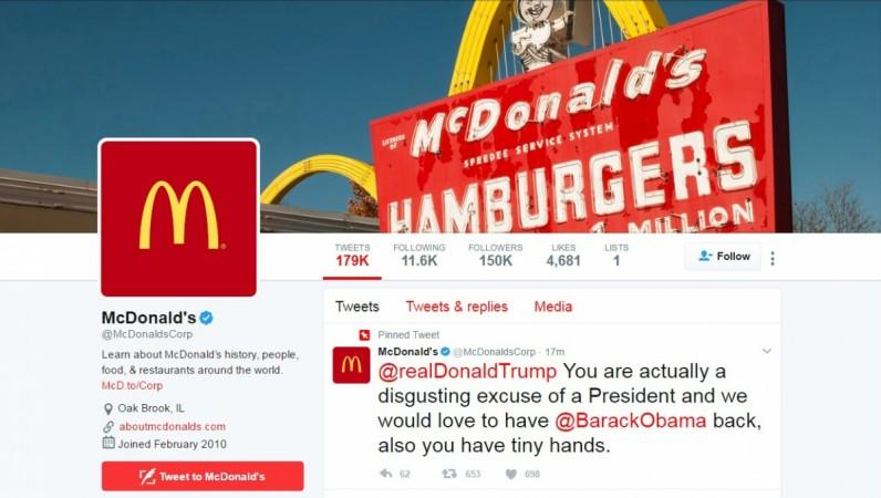A message to Donald Trump appears on the McDonald's Twitter account timeline -- which McDonald's said was hacked -- in a screen capture March 16, 2017. McDonald's Twitter account hacked
