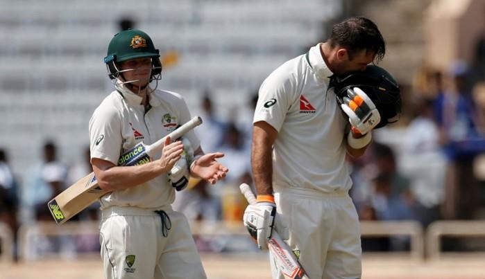 Glenn Maxwell is overwhelmed after completing his first Test match century as his captain Steve Smith applauds, March 17, 2017 Glenn Maxwell, Steve Smith, Australia, India, third Test day two
